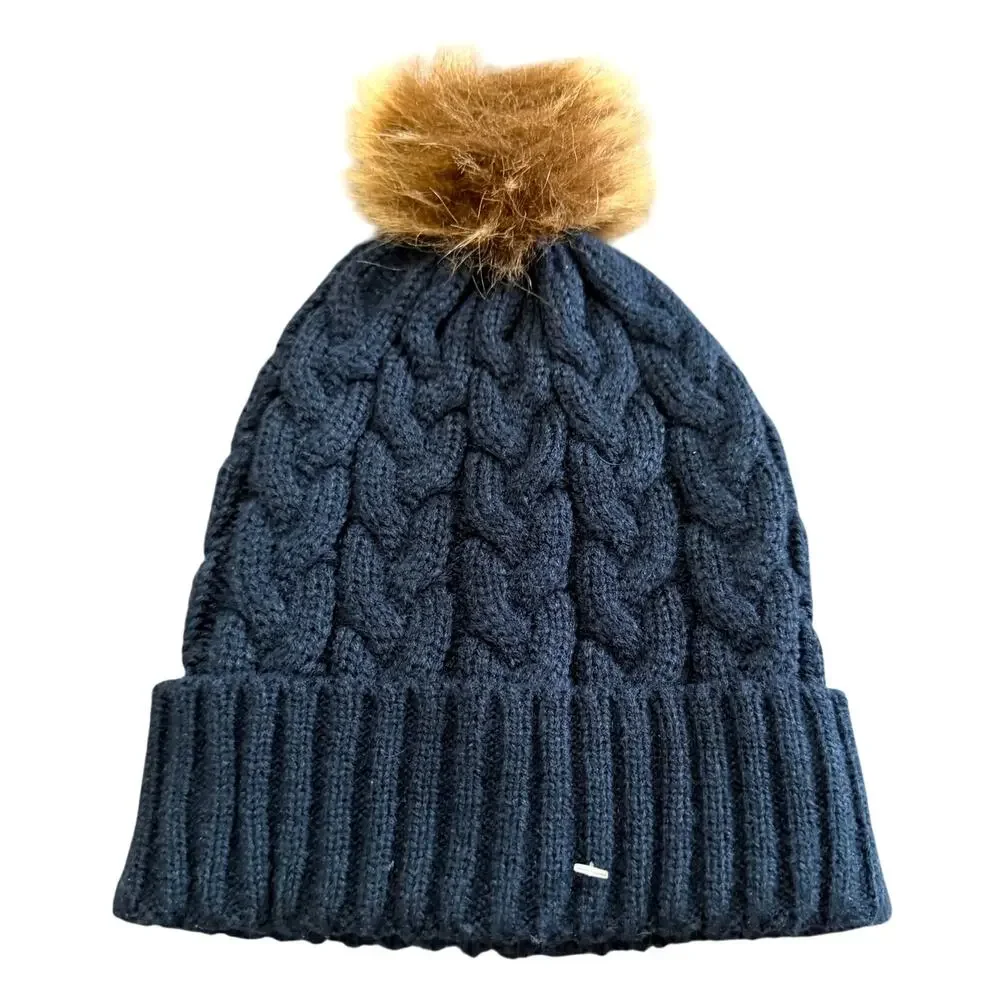 Winter Beanie Womens Cable Knit OS Navy Blue Pompom Faux Fur Hat